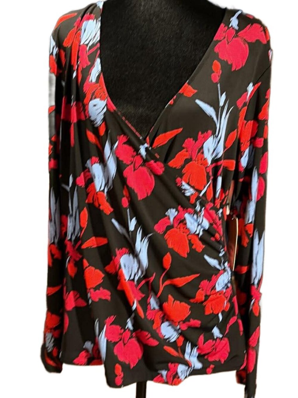 NWT Halogen Floral Faux Wrap Long Sleeve Stretch Blouse